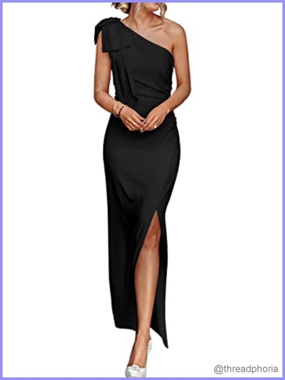One Shoulder Ruched Bodycon Maxi Dress with High Slit and Bow